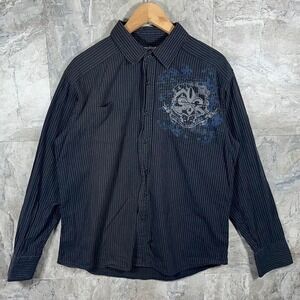 grunge Machine black pinstripe button up shirt with blue graphic design Size L